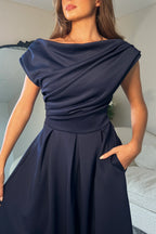 Betty Navy Asymmetric Skater Midi Dress