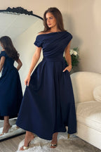 Betty Navy Asymmetric Skater Midi Dress