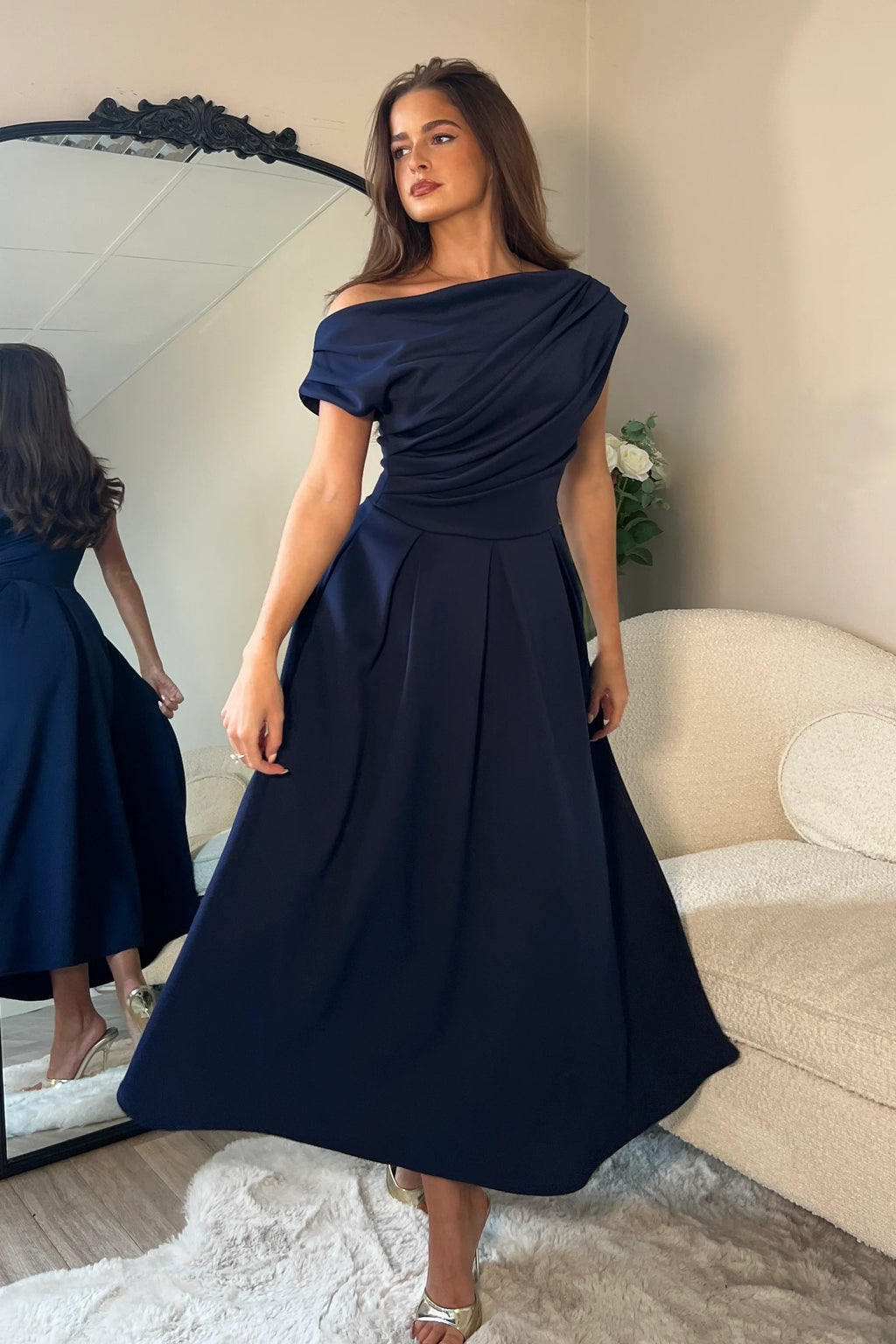 Betty Navy Asymmetric Skater Midi Dress