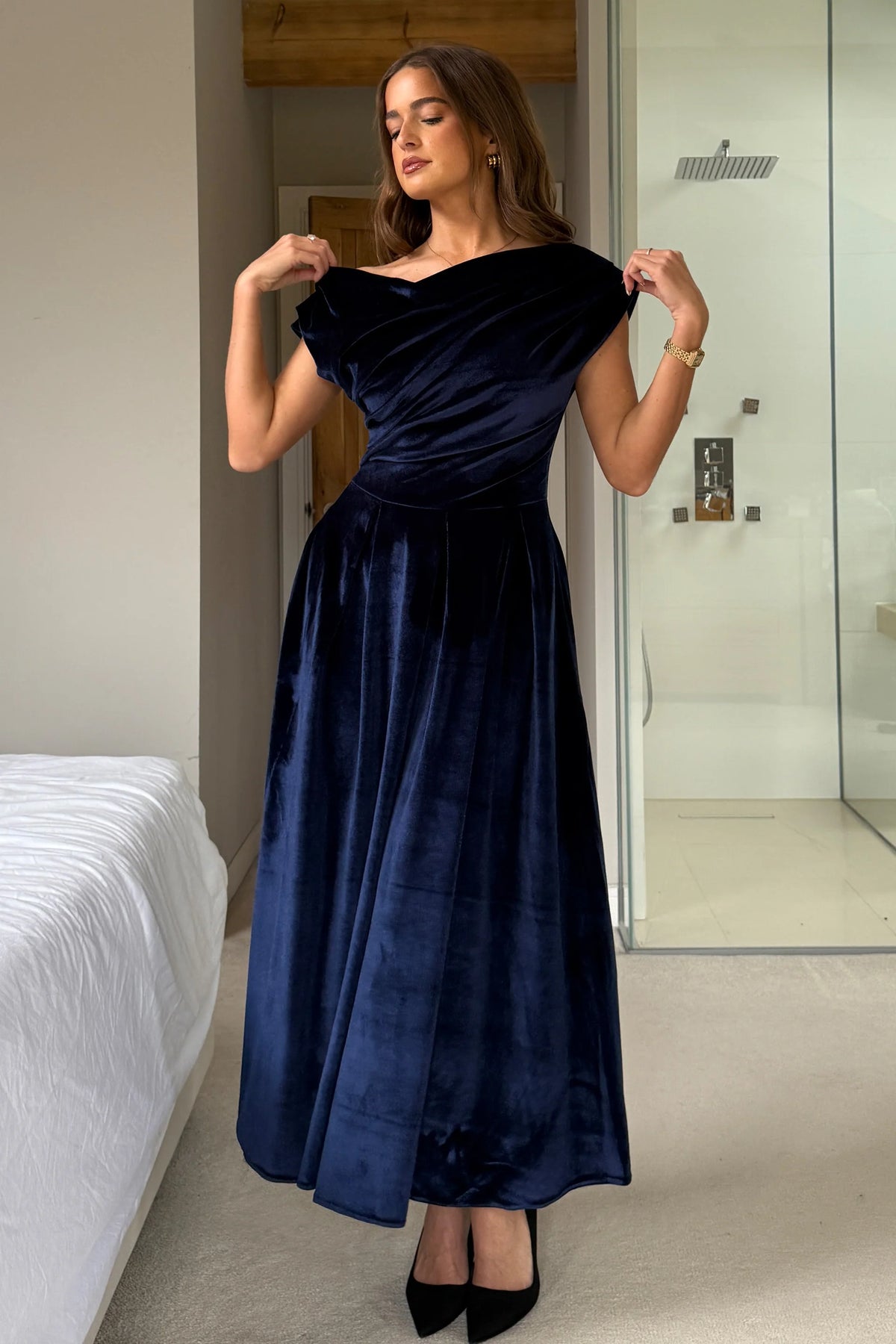 Betty Indigo Velvet Asymmetric Skater Midi Dress