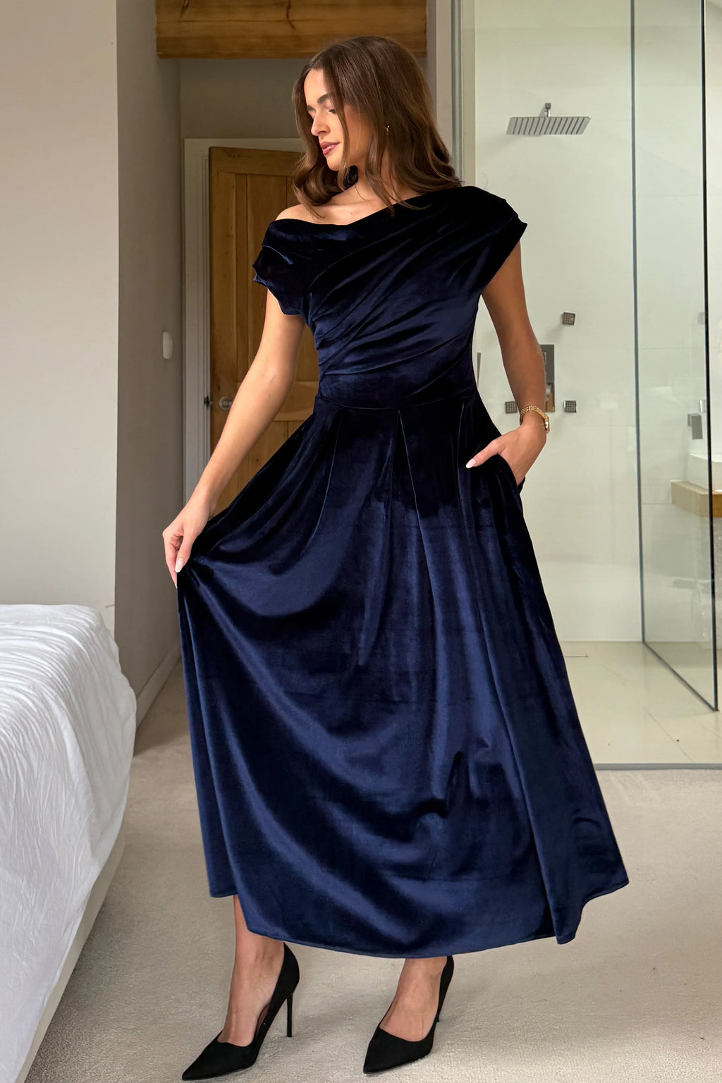 Betty Indigo Velvet Asymmetric Skater Midi Dress
