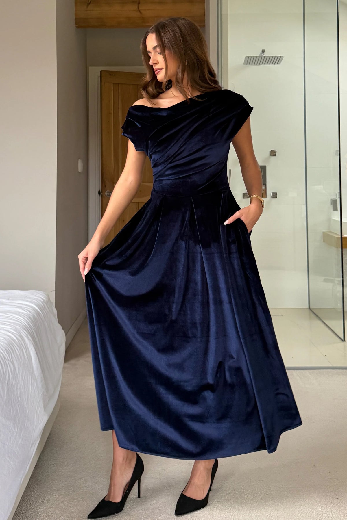 Betty Indigo Velvet Asymmetric Skater Midi Dress