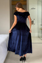 Betty Indigo Velvet Asymmetric Skater Midi Dress