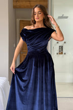 Betty Indigo Velvet Asymmetric Skater Midi Dress