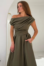 Betty  Khaki Asymmetric Skater Midi Dress