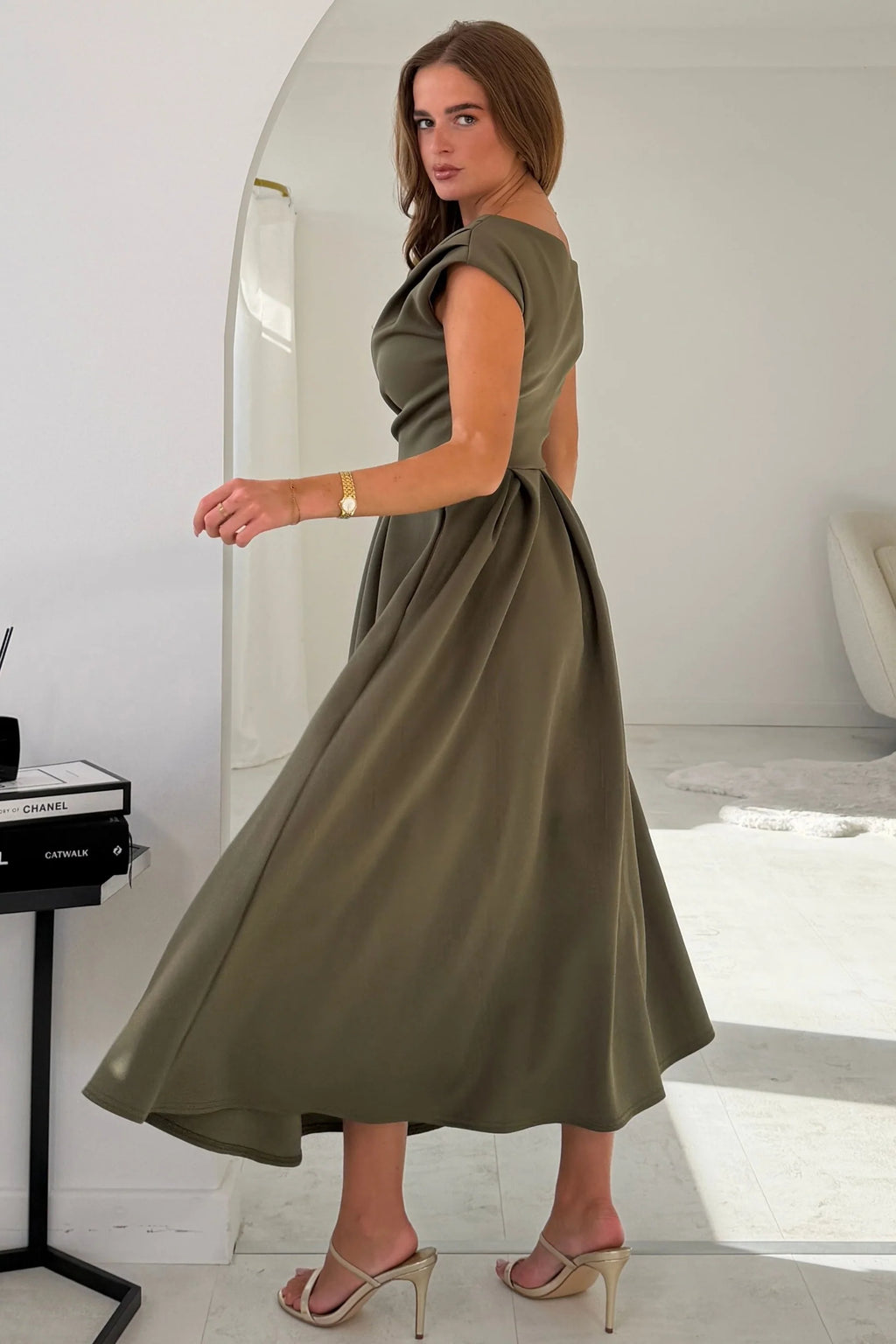 Betty  Khaki Asymmetric Skater Midi Dress