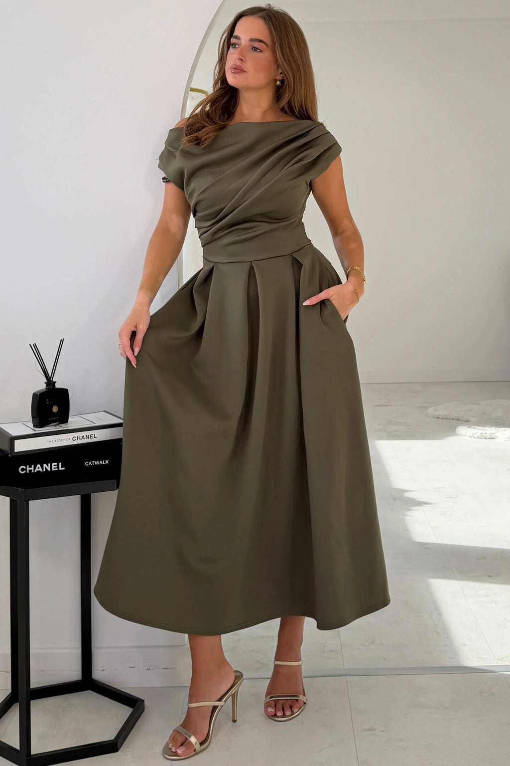 Betty  Khaki Asymmetric Skater Midi Dress