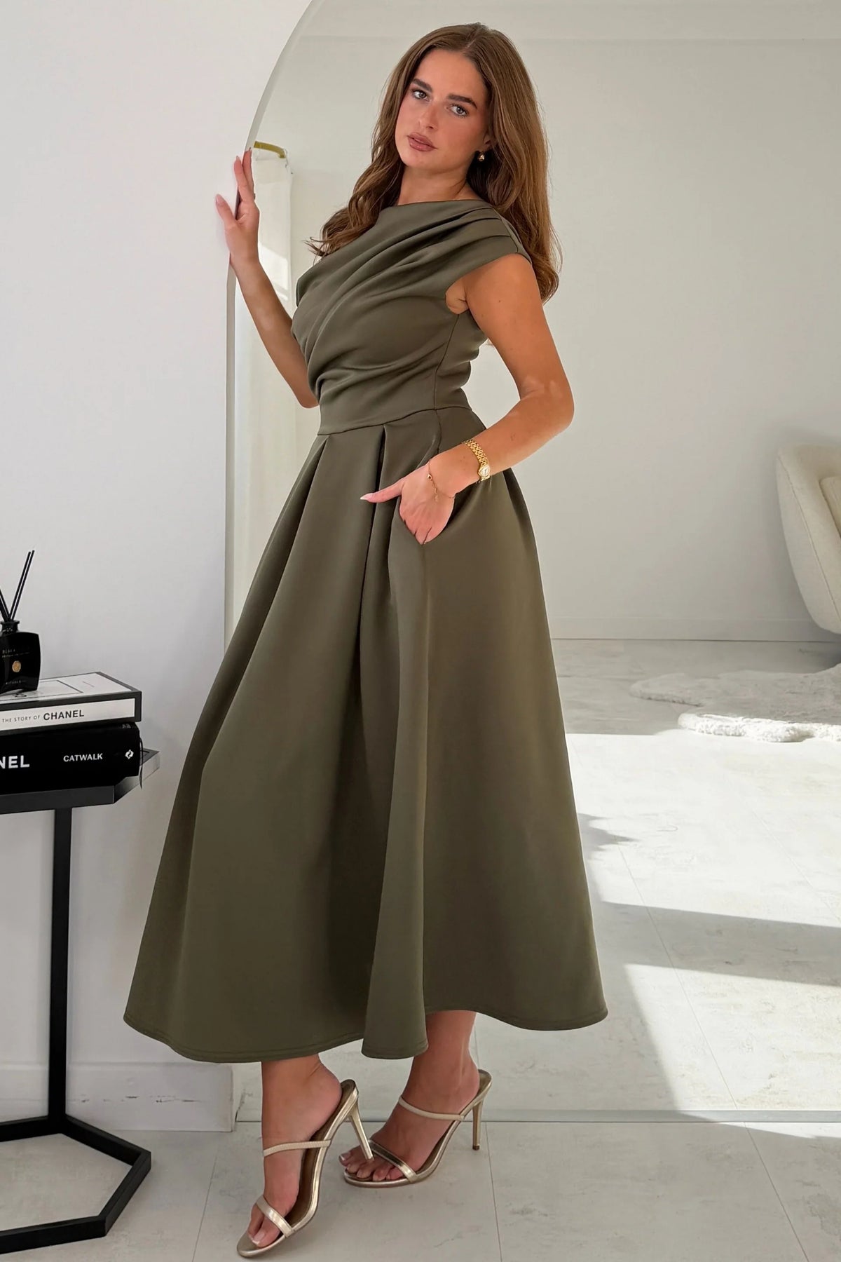 Betty  Khaki Asymmetric Skater Midi Dress