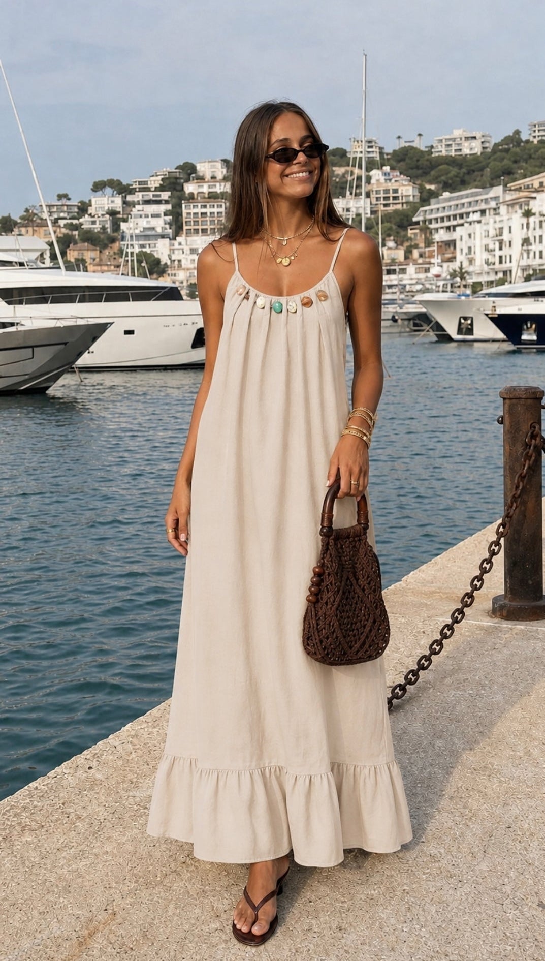 Beige Beaded Maxi Dress