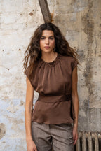 Brown Satin Belted Top