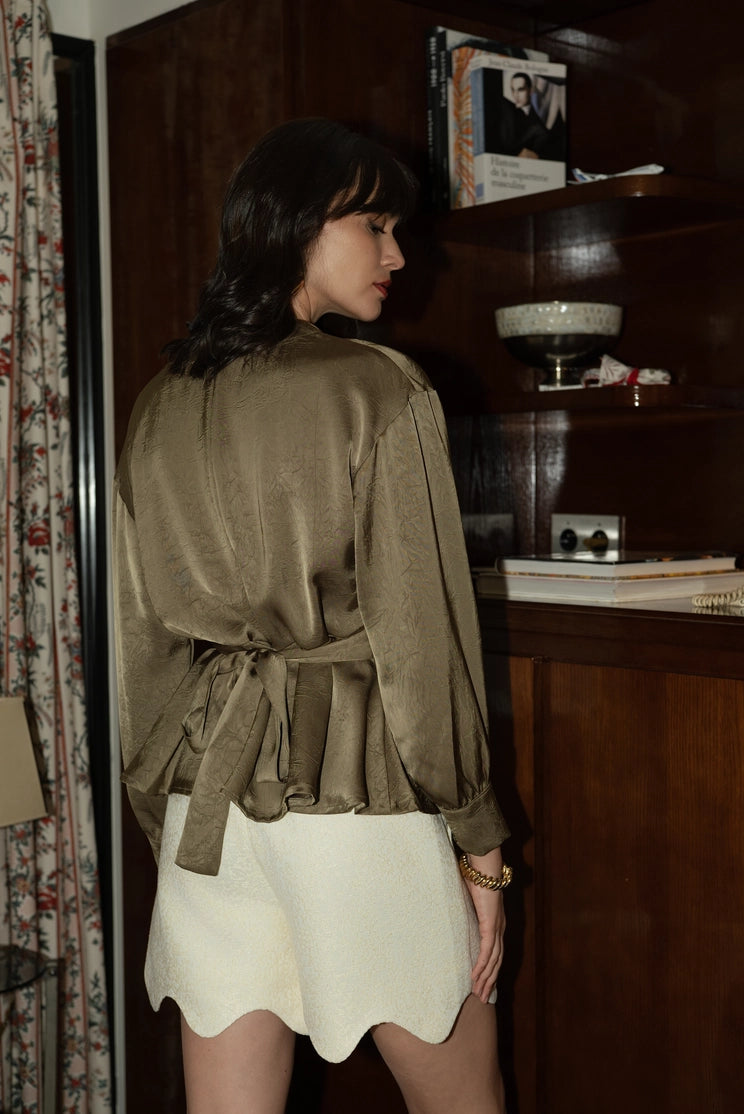 Khaki Belted Satin Blouse