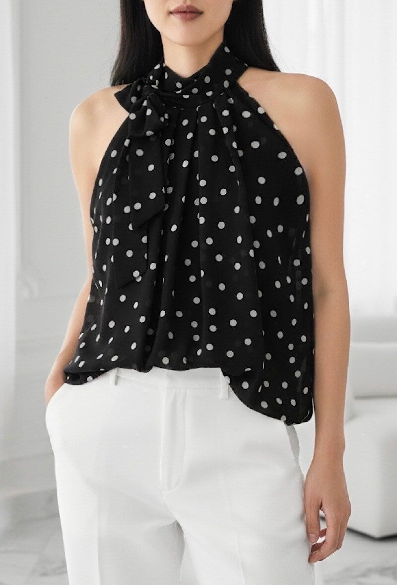 Black & White Polka Dot Print Halter Neck Top