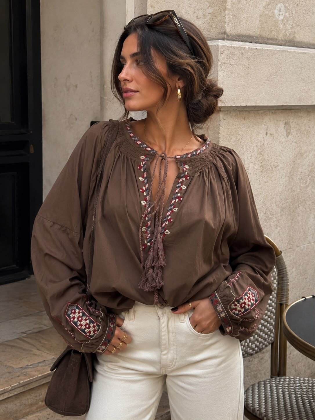 Boho Embroidered Tie-Front Blouse