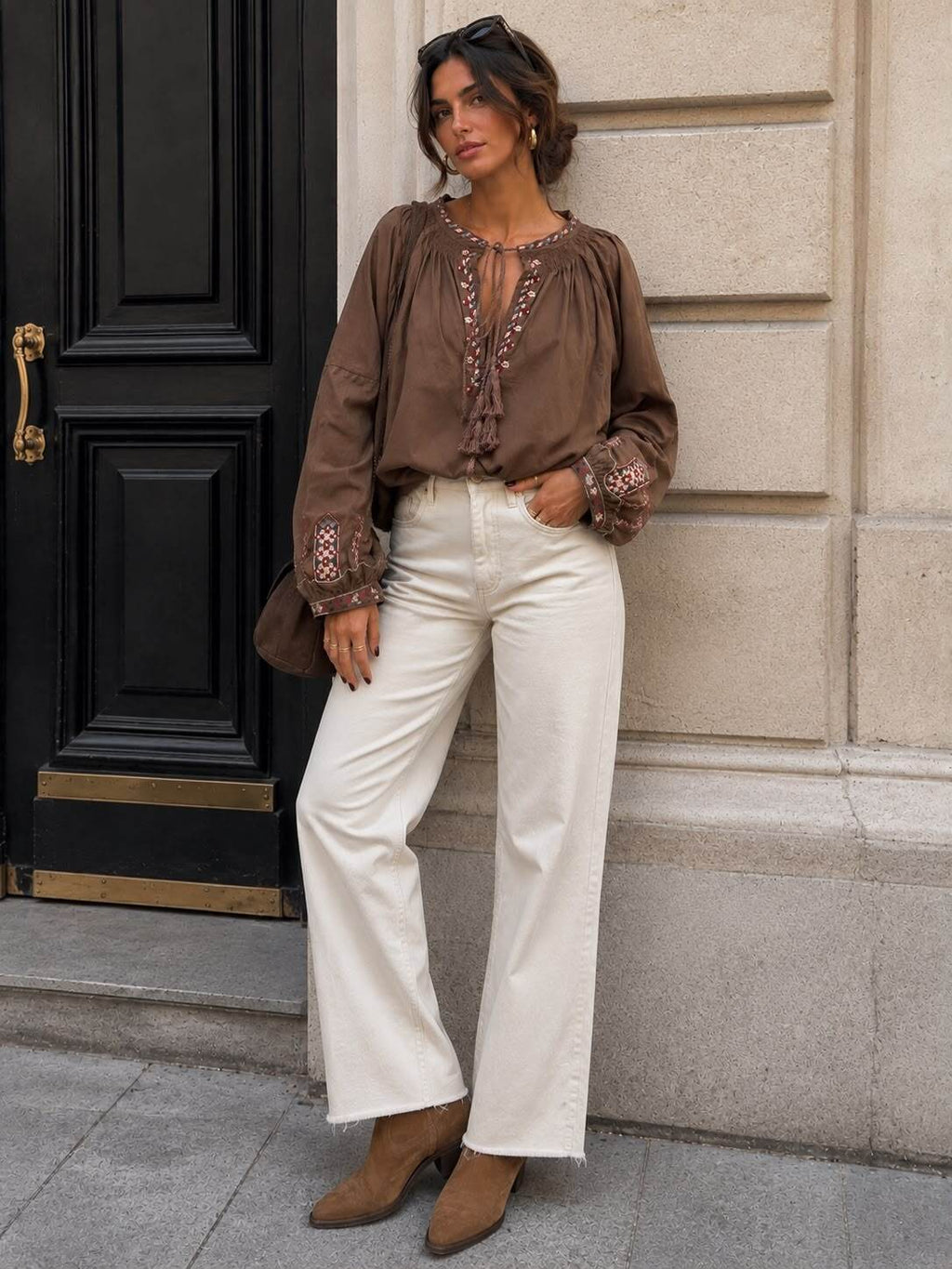 Boho Embroidered Tie-Front Blouse