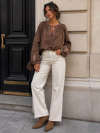 Boho Embroidered Tie-Front Blouse