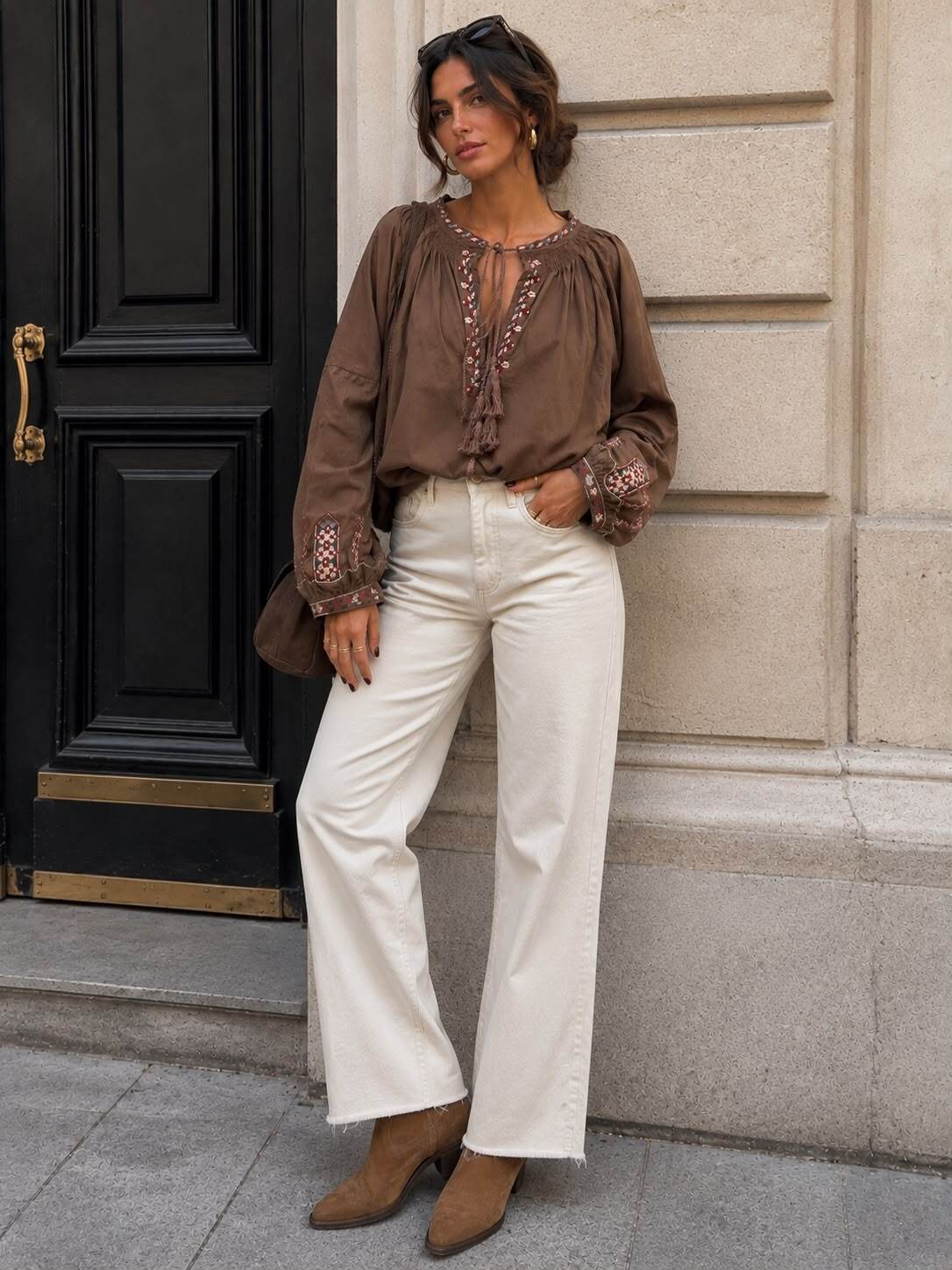 Boho Embroidered Tie-Front Blouse