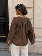 Boho Embroidered Tie-Front Blouse