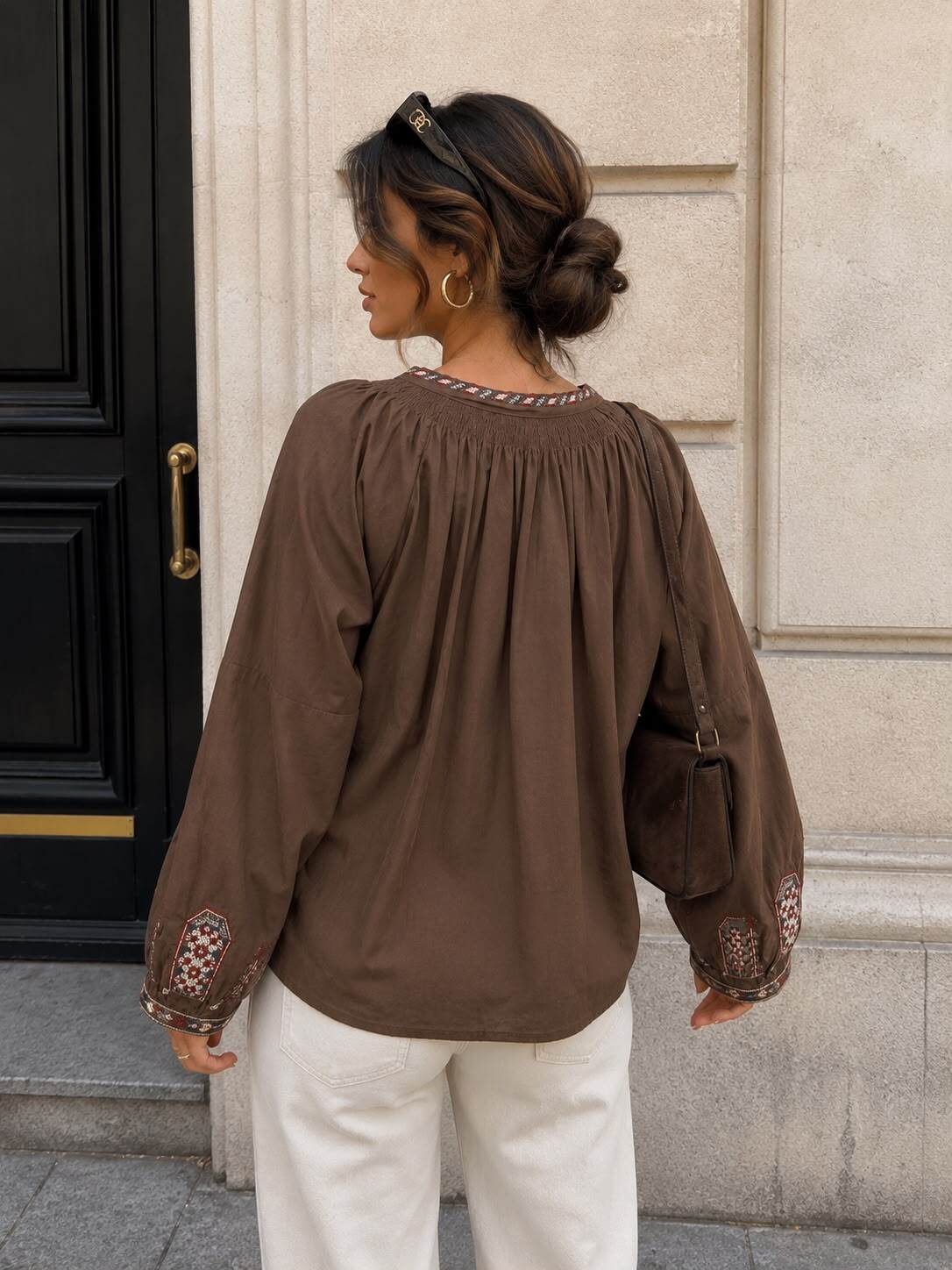 Boho Embroidered Tie-Front Blouse