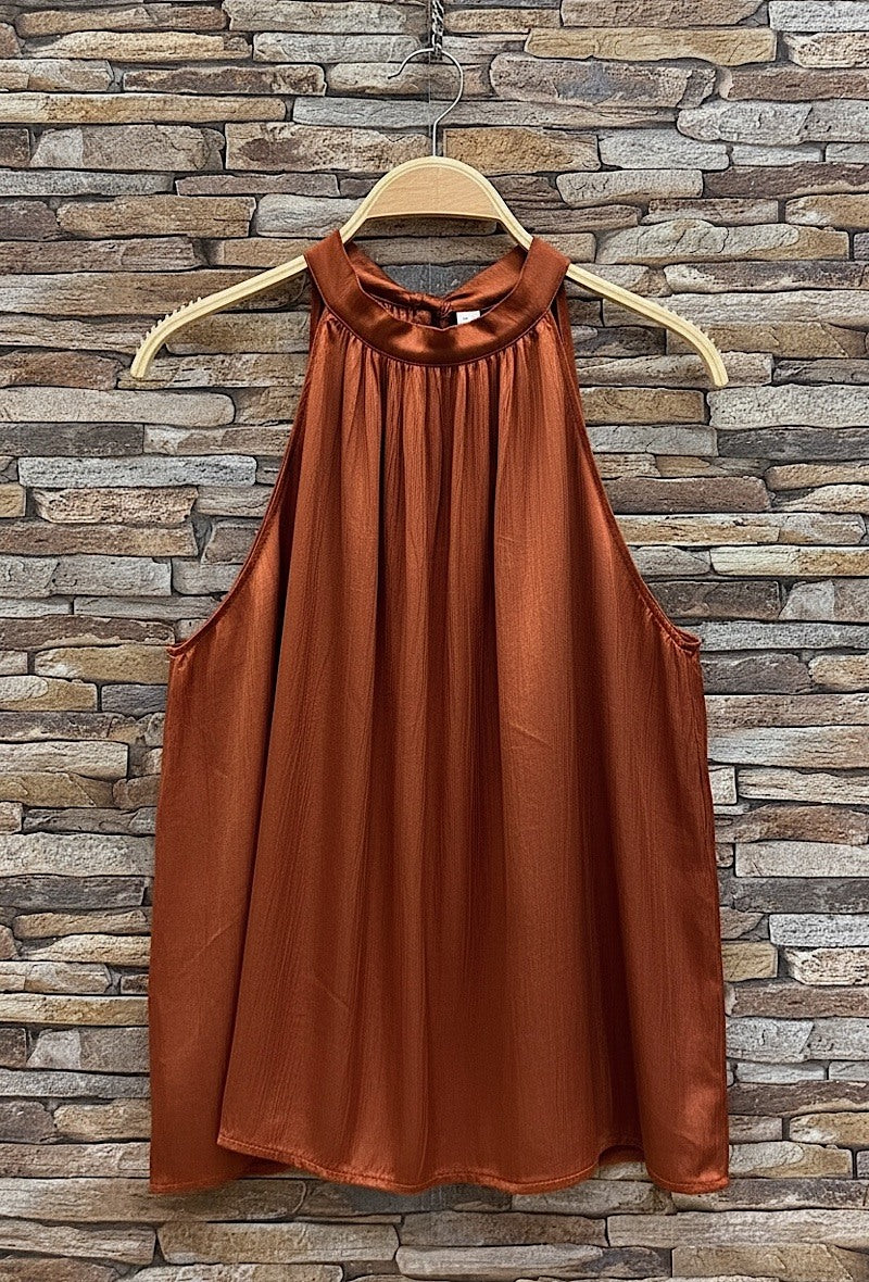 Rust Elle Style Tayla Halter Neck Satin Top