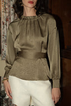 Khaki Belted Satin Blouse