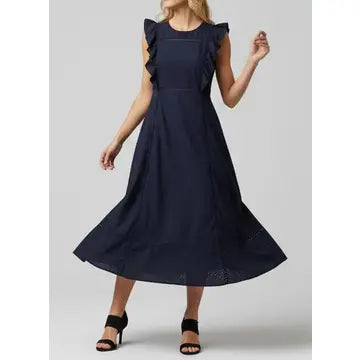Navy Flared Ruffle Dress