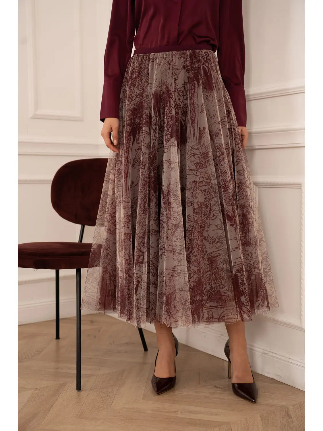 Bordeaux Amber Printed Tulle Skirt
