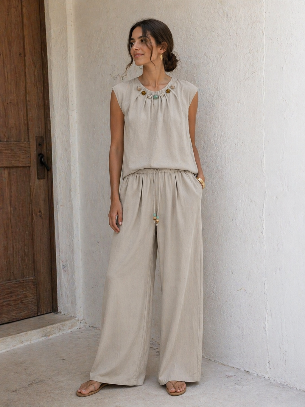 Beige Beaded Co-ord Set