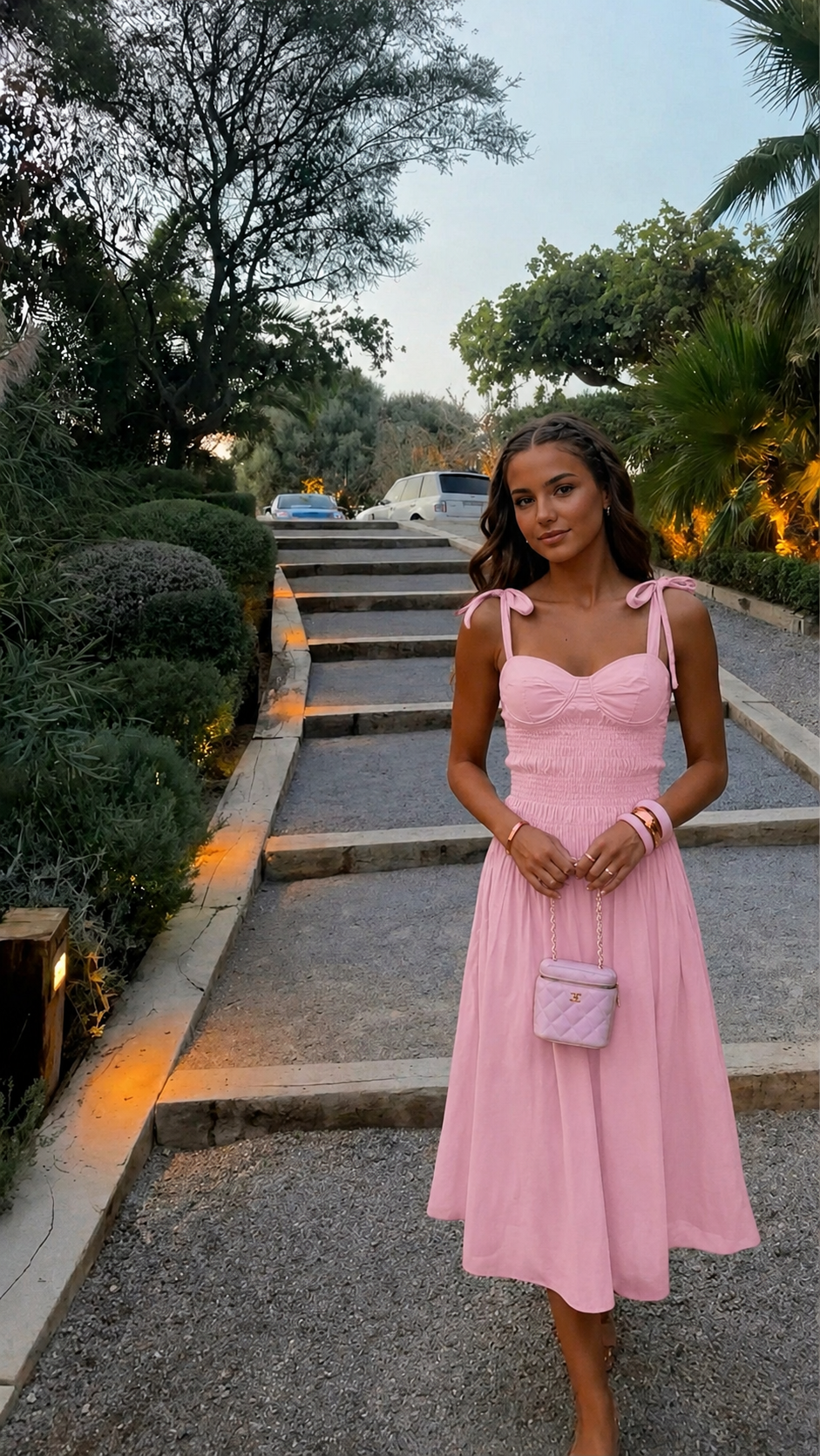 Pink Shirred Midi Dress
