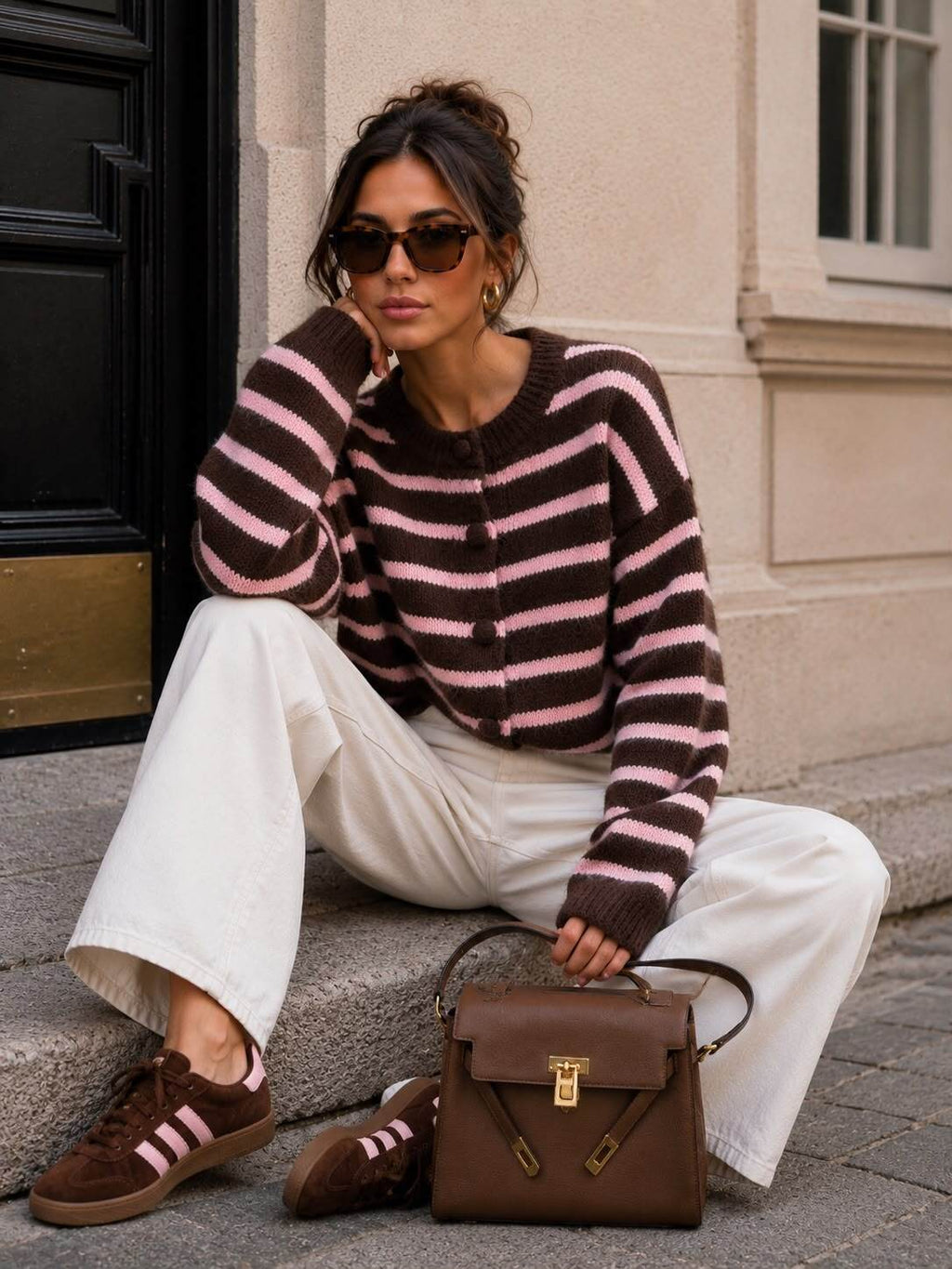Brown & Pink Striped Knit Cardigan