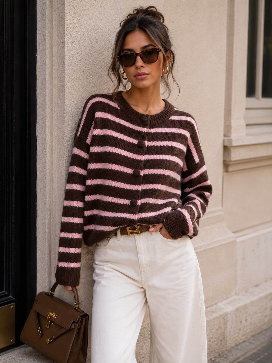 Brown & Pink Striped Knit Cardigan